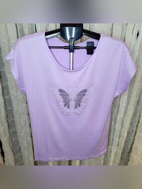 Buzz Lavender Purple Butterfly Rhinestone Pearl Graphic Tee Shirt Stretchy L